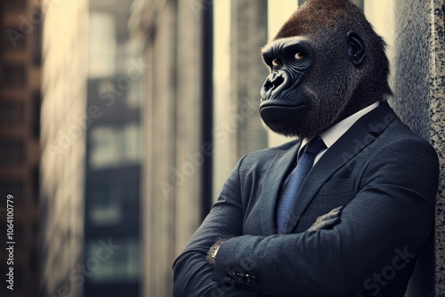 Gorilla dressed in suit and tie on wall street, symbolizing business and finance photo