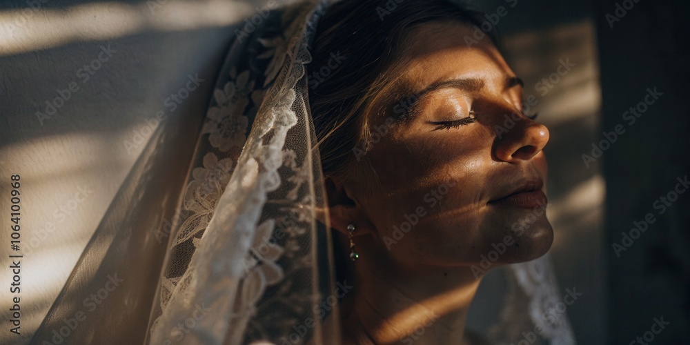 Bride in Sunlight with Lace Veil Detail Bride in Sunlight with Lace Veil Detail