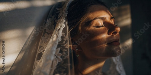Bride in Sunlight with Lace Veil Detail