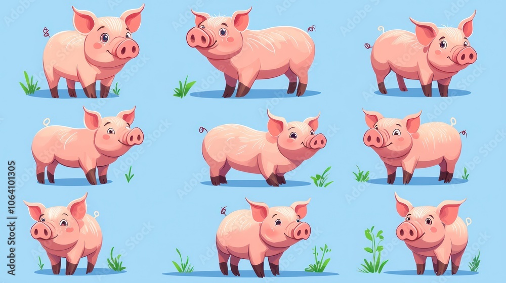 Character set pigs showcasing various poses and styles Character set pigs showcasing various poses and styles