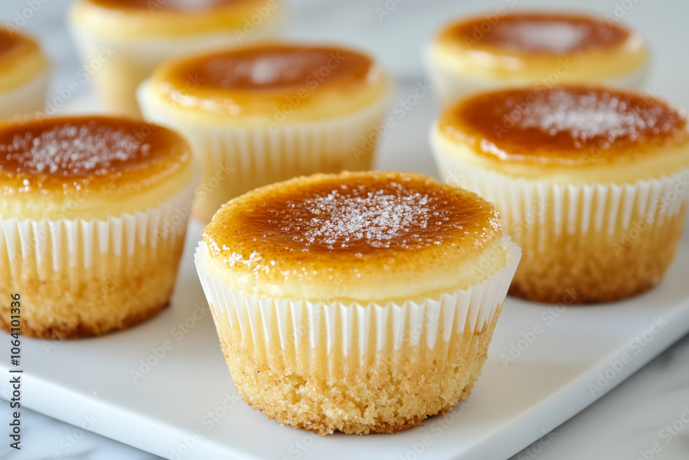 Mini caramel cheesecakes with sugar dusting Mini caramel cheesecakes with sugar dusting