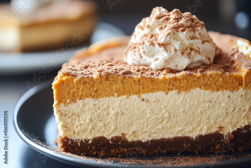 Pumpkin cheesecake with whipped cream and cinnamon