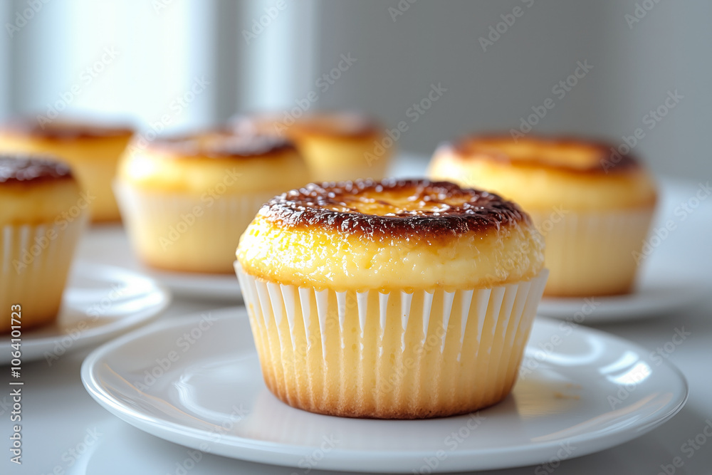 Basque burnt cheesecake cupcakes on white plates Basque burnt cheesecake cupcakes on white plates