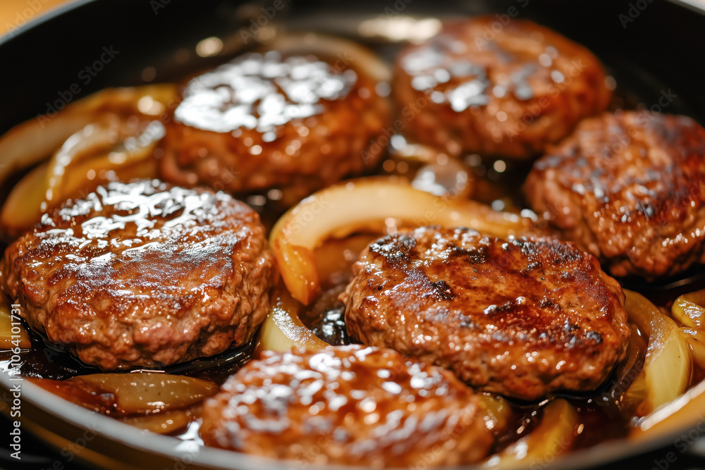 Juicy beef patties with caramelized onions in skillet Juicy beef patties with caramelized onions in skillet