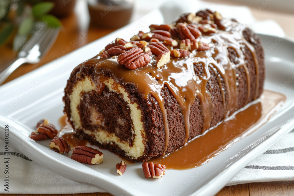 Chocolate roll cake with caramel and pecans Chocolate roll cake with caramel and pecans