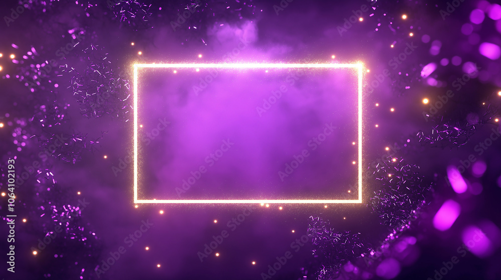 Golden rectangular frame decorated with shining golden lights isolated purple background. Copy paste area to add products and text. Golden rectangular frame decorated with shining golden lights isolated purple background. Copy paste area to add products and text.