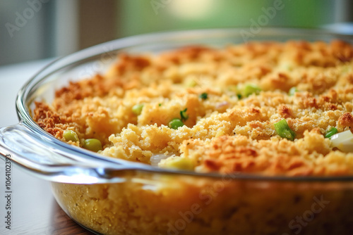 Golden baked casserole with breadcrumb topping