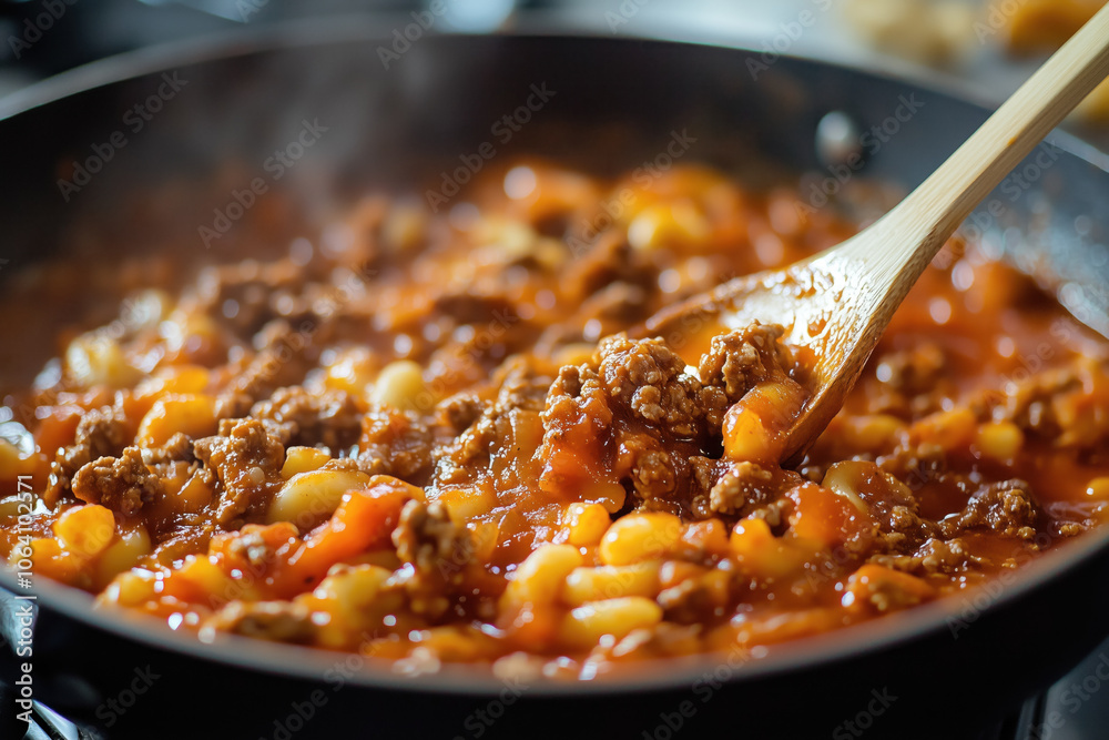 Ground beef and vegetable tomato sauce in skillet Ground beef and vegetable tomato sauce in skillet