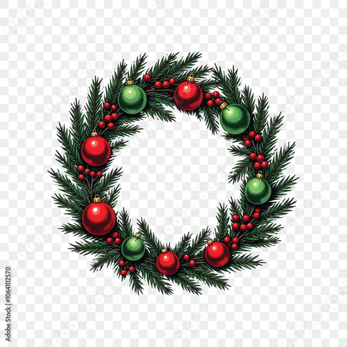 Watercolor png christmas wreath made of fir tree on transparent background. Christmas decorations. Christmas holidays