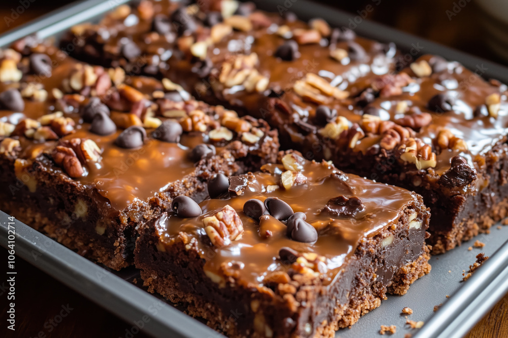 Chocolate brownies with caramel and nut topping Chocolate brownies with caramel and nut topping