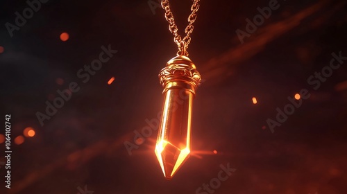 Golden amulet on a chain. Magical, fantasy pendant. Glowing crystal. Dark background with sparks of fire