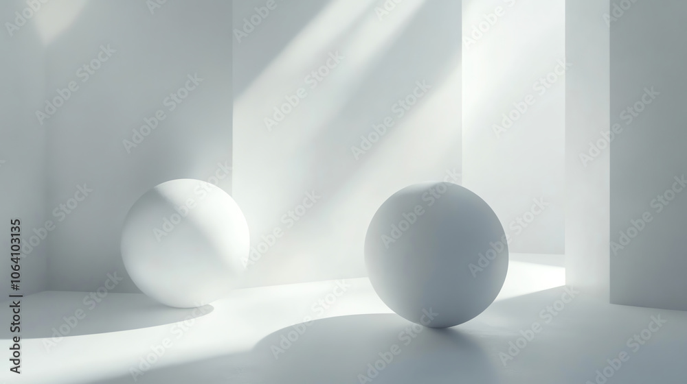 White spheres in dramatic lighting with soft shadows White spheres in dramatic lighting with soft shadows
