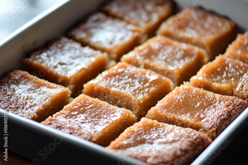 Butterscotch bars with caramel glaze in a baking pan