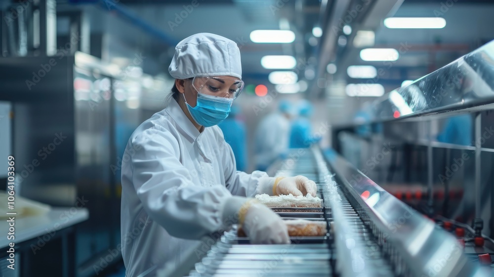 A focused food processing plant worker ensuring the quality of packaged foods before they leave the production line A focused food processing plant worker ensuring the quality of packaged foods before they leave the production line