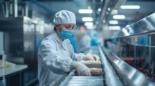 A focused food processing plant worker ensuring the quality of packaged foods before they leave the production line