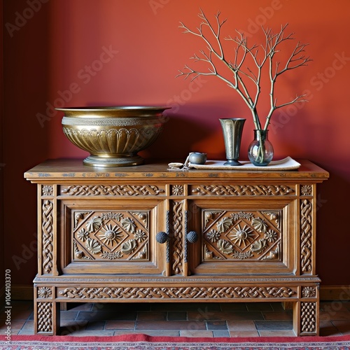 Ornate antique sideboard with decorative items - perfect for interior design blogs, vintage furniture websites, home decor inspiration, and heritage photography
