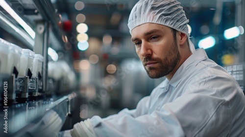 A focused food processing plant worker ensuring the quality of packaged foods before they leave the production line photo