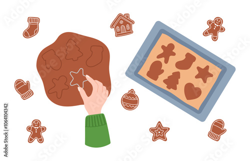 Holiday vector illustration of the process of making gingerbread cookies. Includes cookie cutters, dough, baking sheet and icing decorations in a simple holiday style. Perfect for Christmas projects.