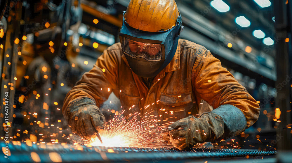 Skilled metalworker in a factory, wearing protective gear, creating a shower of sparks with arc welding, surrounded by industrial equipment Skilled metalworker in a factory, wearing protective gear, creating a shower of sparks with arc welding, surrounded by industrial equipment