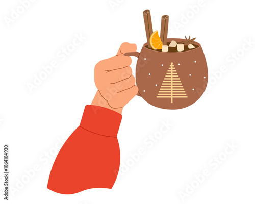 Woman hand raised holding hot drink. Vector illustration for cozy seasonal designs, lifestyle visuals and uplifting content