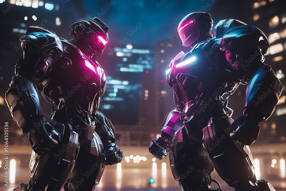 Two futuristic robots stand confidently in a neon-lit urban landscape, showcasing advanced technology and sleek designs during nighttime Two futuristic robots stand confidently in a neon-lit urban landscape, showcasing advanced technology and sleek designs during nighttime
