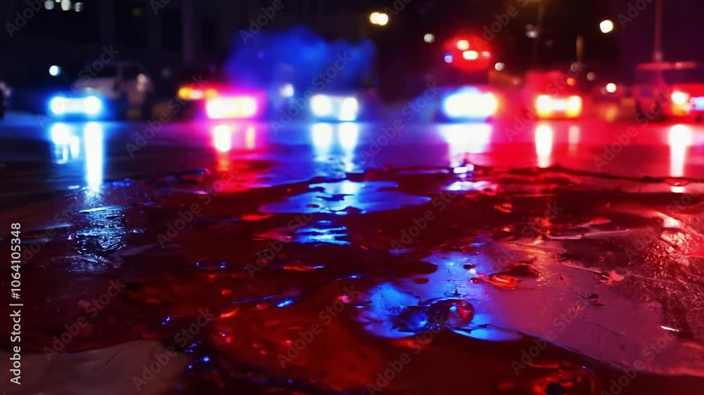 Blood reflecting police lights after accident