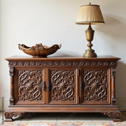 Ornate wooden sideboard with vintage lamp - perfect for antique furniture blogs, interior design websites, home decor inspiration, and classic style presentations