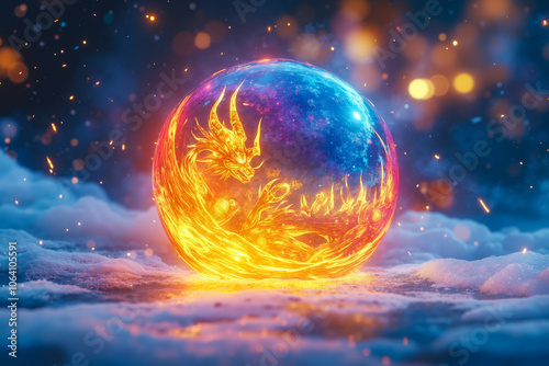 A vibrant, glowing egg with a dragon design inside, surrounded by sparkling particles and floating on a snowy surface