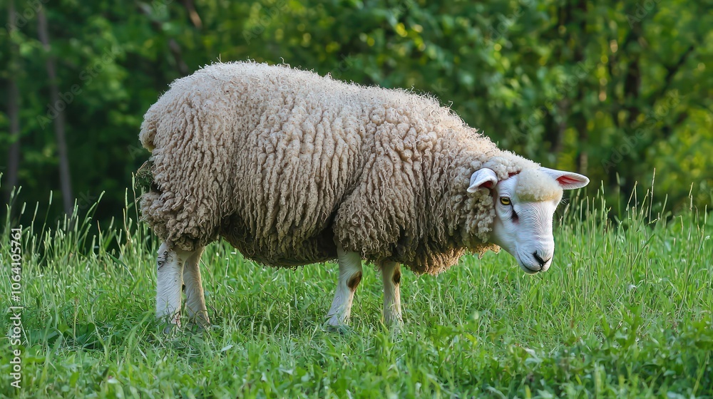 A fluffy sheep grazing peacefully in a green pasture A fluffy sheep grazing peacefully in a green pasture