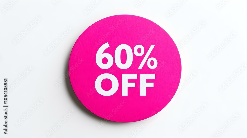 White '60% OFF' Text on a Hot Pink Round Paper Note. White Background with Copy Space White '60% OFF' Text on a Hot Pink Round Paper Note. White Background with Copy Space