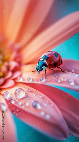 A vivid red ladybug navigates delicately across a flower petal covered in dew, encapsulating a moment of natural grace and simplicity within its microcosmic beauty. photo