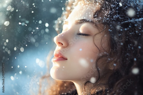 Enchanting winter portrait of a young woman embraced by serenity and falling snow in sunshine