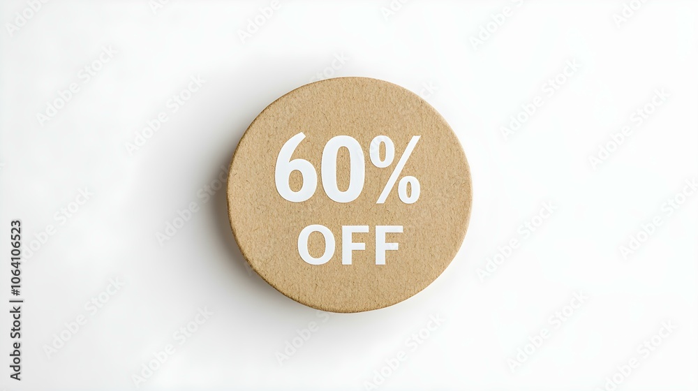 White '60% OFF' Text on a Khaki Round Paper Note. White Background with Copy Space White '60% OFF' Text on a Khaki Round Paper Note. White Background with Copy Space