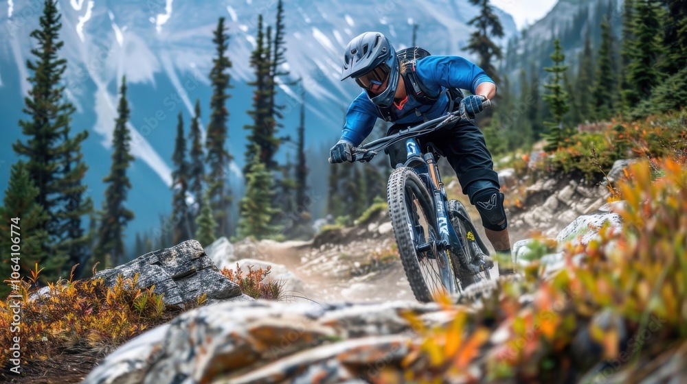 Mountain biker descending a rocky trail, bike airborne, with rugged terrain Mountain biker descending a rocky trail, bike airborne, with rugged terrain