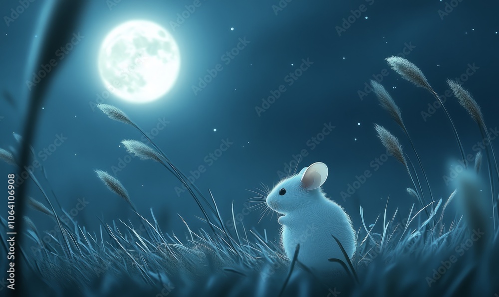 A detailed and focused image of a small white mouse standing in a clearing surrounded by tall, gently swaying grass under a moonlit sky A detailed and focused image of a small white mouse standing in a clearing surrounded by tall, gently swaying grass under a moonlit sky