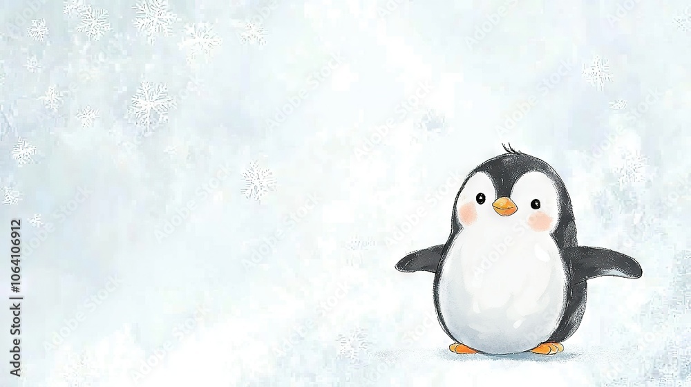 A penguin stands in snow with snowflakes on its back and eyes closed A penguin stands in snow with snowflakes on its back and eyes closed