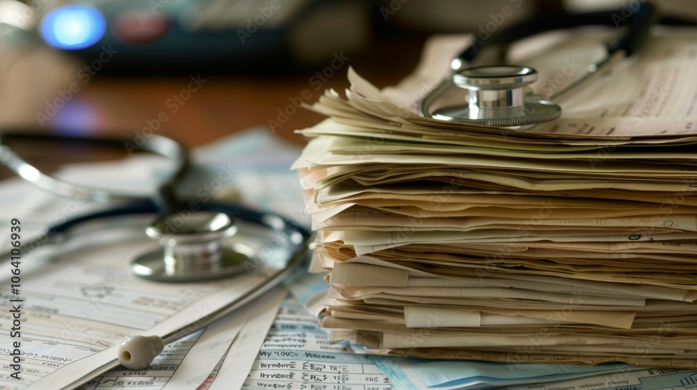 Unpaid Medical Bills Piling Up on a Desk Unpaid Medical Bills Piling Up on a Desk