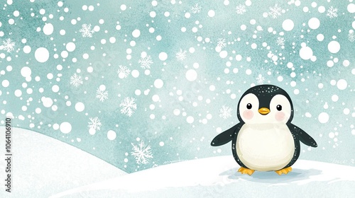   A penguin standing on snowy ground with snowflakes falling from the sky