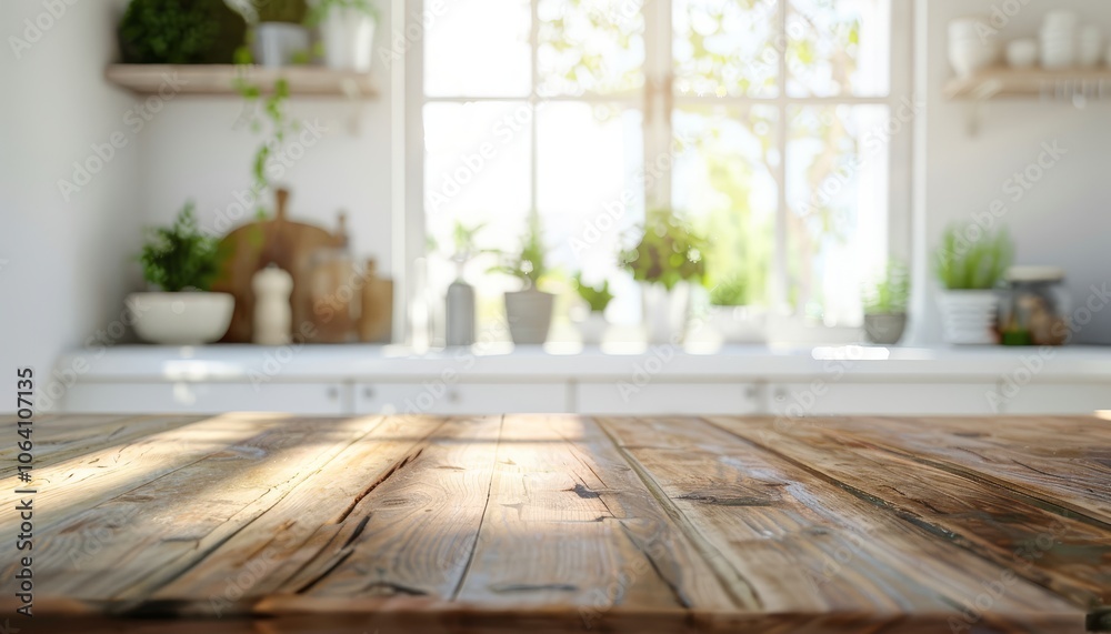 Rustic wooden tabletop with blurred kitchen background and sunlight. Rustic wooden tabletop with blurred kitchen background and sunlight.
