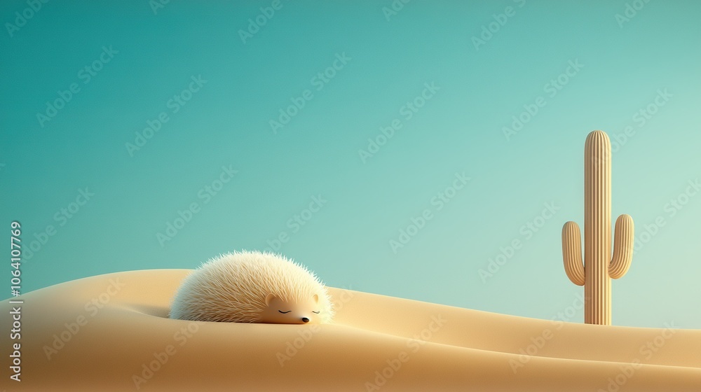 A small white animal rests amidst a vast desert, surrounded by towering cacti, one of which stands prominently behind it A small white animal rests amidst a vast desert, surrounded by towering cacti, one of which stands prominently behind it