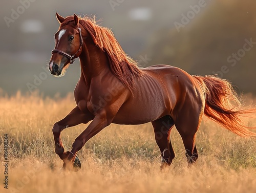 A red horse in soft contour light, trotting freely in a field photo