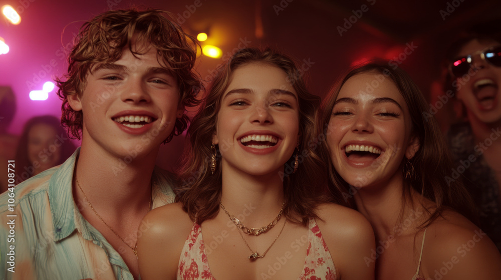 Three people smiling in a dimly lit party setting with colorful lights in the background. Concept of friendship and joy. Three people smiling in a dimly lit party setting with colorful lights in the background. Concept of friendship and joy.