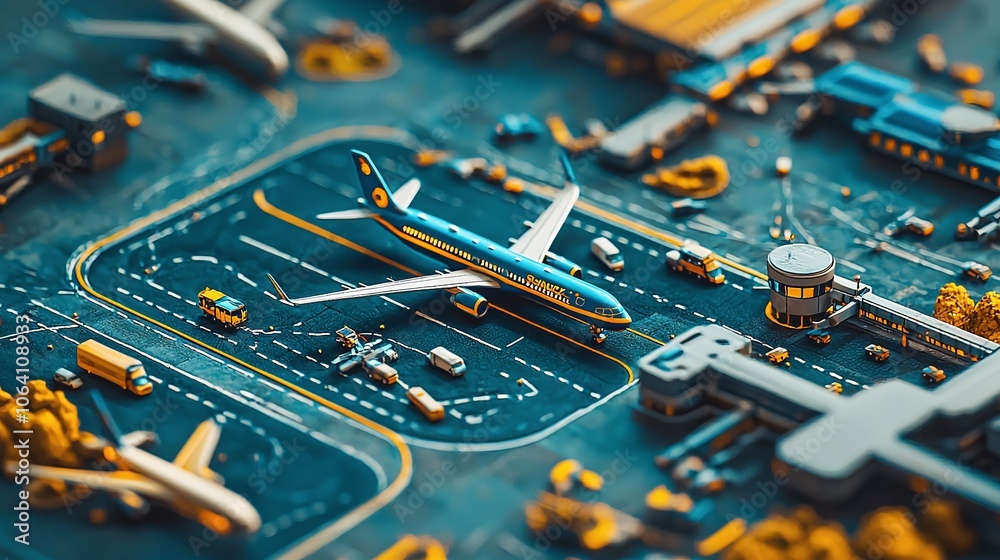 Explore the dynamic operations of a busy airport from an aerial perspective with airplanes in motion Explore the dynamic operations of a busy airport from an aerial perspective with airplanes in motion