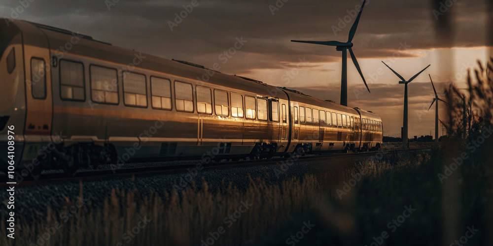 Modern Train Passing by Wind Turbines at Dusk Modern Train Passing by Wind Turbines at Dusk