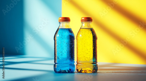 Two plastic bottles filled with blue and yellow liquid sit on a table against a two-tone background. Concept of colorful beverages and vibrant design. photo