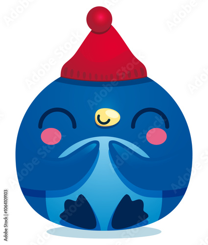 Illustration isolée d'un joli petit pingouin malicieux, le personnage de dessin animé tout rond a un sourire et les yeux fermés, le volatile porte un bonnet rouge de Noël, adorable créature enfantine