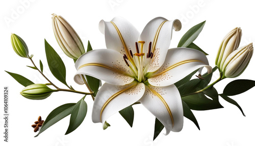 Realistic Lily with branch and leaves on white background