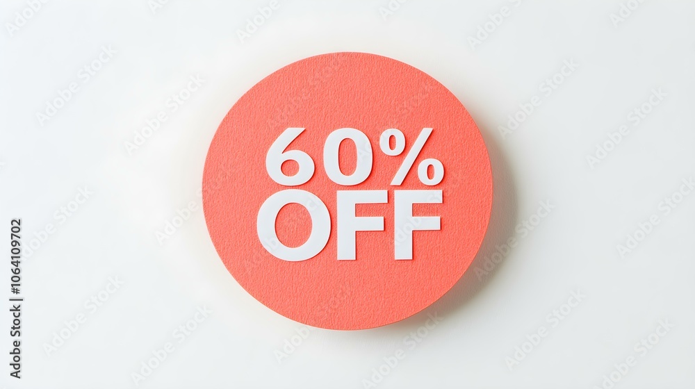 White '60% OFF' Text on a Light Red Round Paper Note. White Background with Copy Space White '60% OFF' Text on a Light Red Round Paper Note. White Background with Copy Space