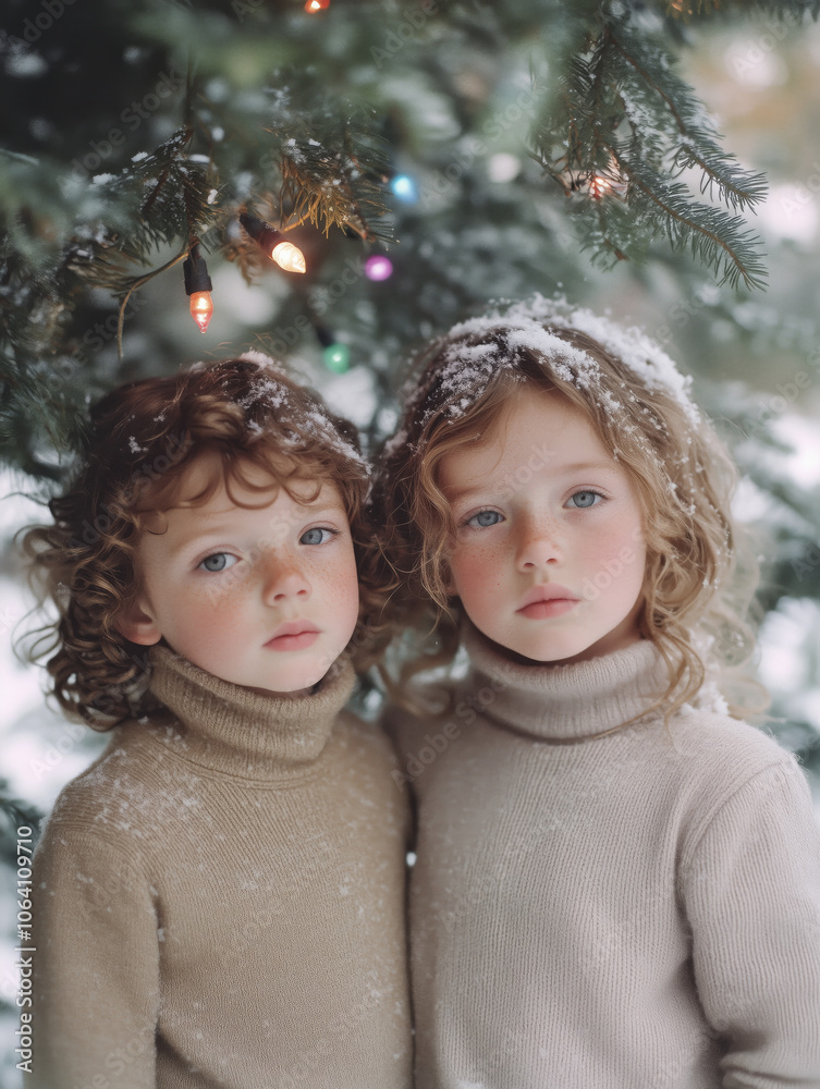 Freckled Siblings with Wavy Hair in Wool High-Neck Jumpers Standing Under a Snow-Covered, Light-Adorned Christmas Tree in a Winter Forest, Cinematic Morning Light