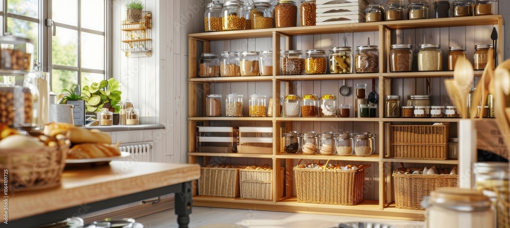 Modern Pantry Organization with Labeled Jars and Baskets for Efficient Food Storage Modern Pantry Organization with Labeled Jars and Baskets for Efficient Food Storage